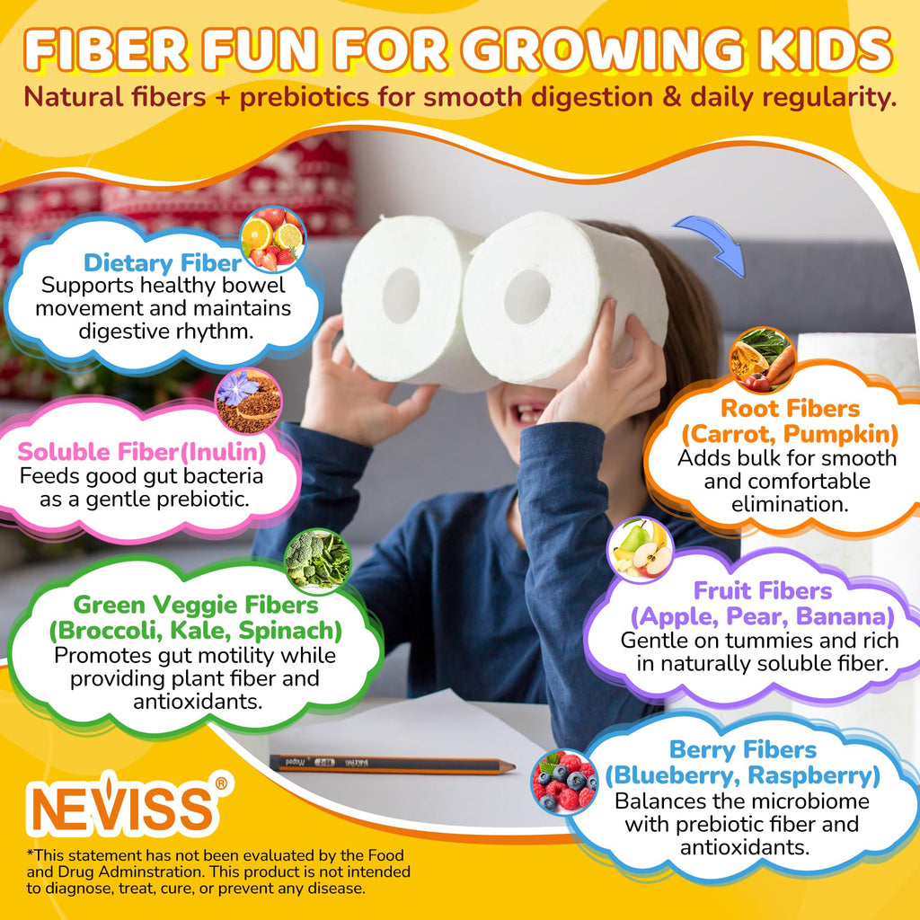 Kids Probiotic + Prebiotic Fiber Gummies 5G, 12 Billion CFU Probiotic & Veggie Fruit Fiber, w/ Organic Inulin, Methyl B12 B6 D3 C, Lutein for Children's Digestive & Gut,