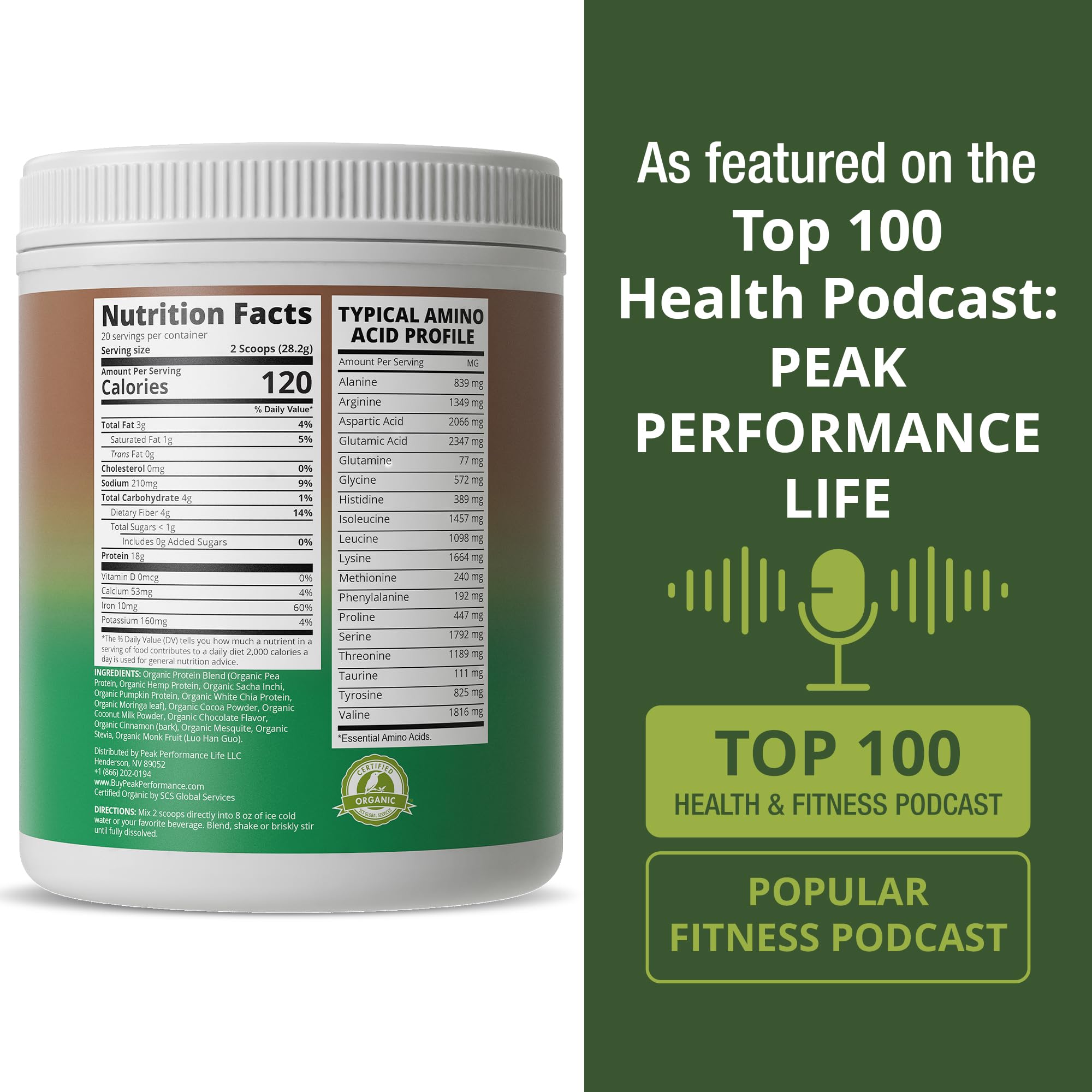 Peak Performance Organic Paleo Grain Free Plant Based Raw Vegan Protein Powder. Amazing Amino Acid Profile and Less Than 1g of Sugar. with Hemp and Pea Protein Chocolate Flavored Peak Performance Au supplements
