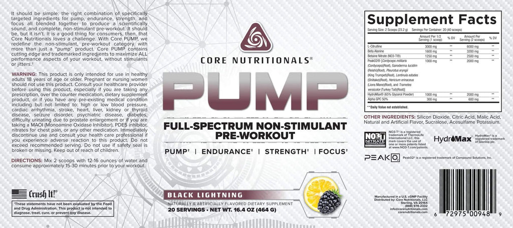Core Nutritionals Pump Full-Spectrum Non-Stimulant Pre-Workout, with N03T Nitrate Core Nutritionals Au supplements
