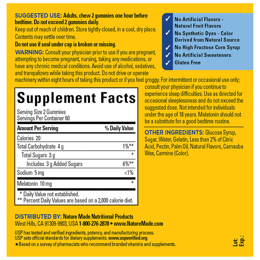 Nature Made Melatonin 10 mg per serving Gummies, Sleep Gummies for Adults Maximum Strength Dosage, 100% Drug Free Sleep Aid