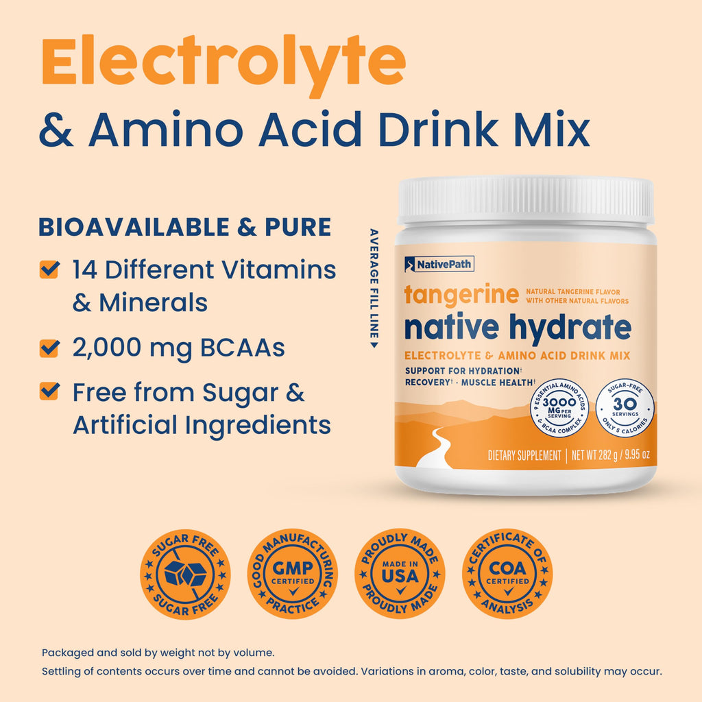 NativePath Hydrate, Zero Sugar, Electrolytes Powder with BCAAs, Tangerine Hydration, Keto & Paleo Friendly, 30 Servings