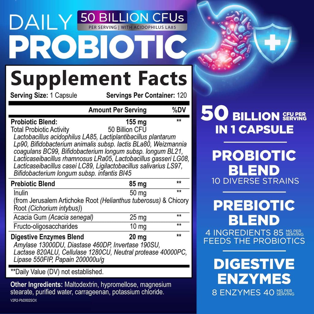 Probiotics 50 Billion CFU Per Serving - 10 Premium Strains + Digestive Enzymes & Prebiotics - Best Probiotic for Women & Men, Supports Immune,