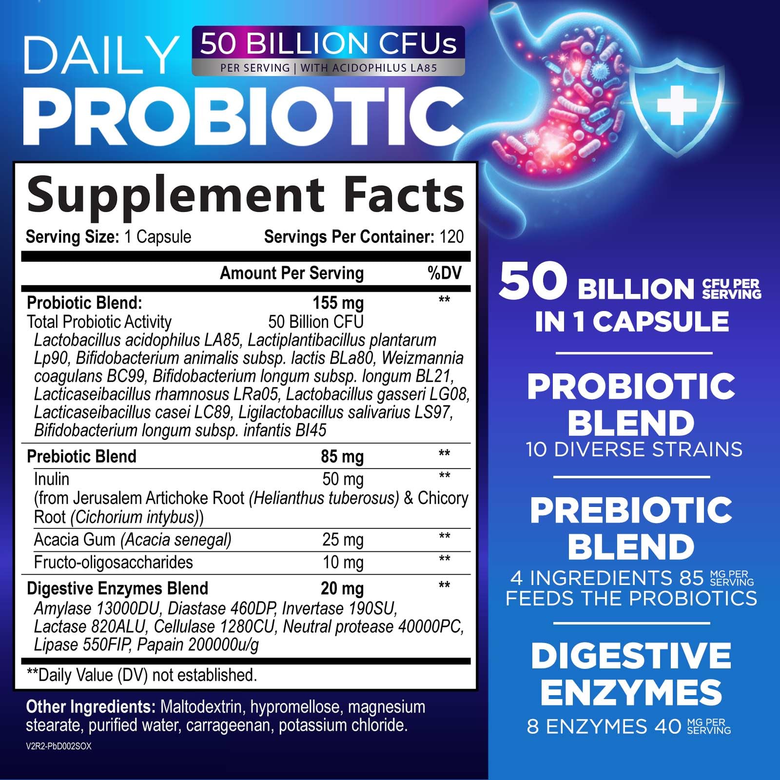 Probiotics 50 Billion CFU Per Serving - 10 Premium Strains + Digestive Enzymes & Prebiotics - Best Probiotic for Women & Men, Supports Immune,