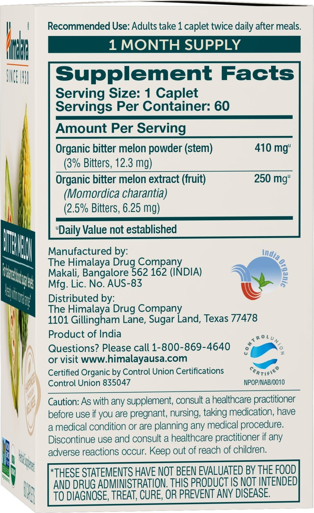Himalaya Organic Bitter Melon - Herbal Glucose Metabolism Support - USDA Organic, Non-GMO, Vegan, Gluten Free