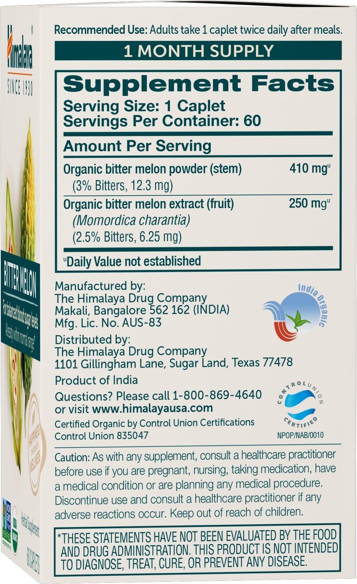 Himalaya Organic Bitter Melon - Herbal Glucose Metabolism Support - USDA Organic, Non-GMO, Vegan, Gluten Free