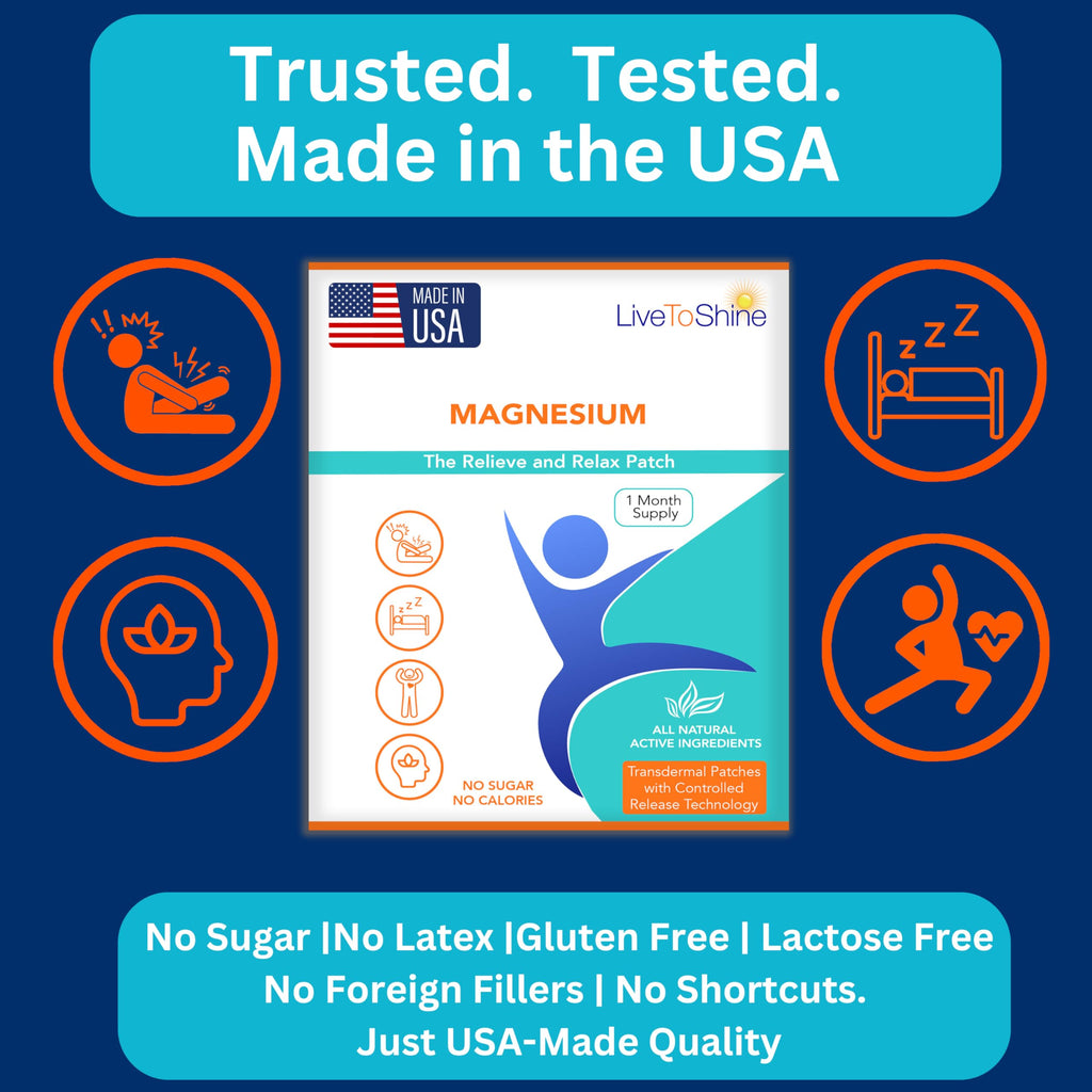 Magnesium Patches for Men and Women - Sleep Support & Relaxation, Muscle Recovery, Nerve Function - USA Made - 30 Premium Fast-Acting, Slow-Release Patches - Live To Shine Live To Shine Au supplements