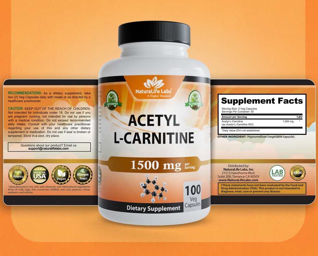 NaturaLife Labs Acetyl L-Carnitine (ALCAR) 1500 mg per Serving – 100 Capsules – Non-GMO, Gluten-Free, Vegan