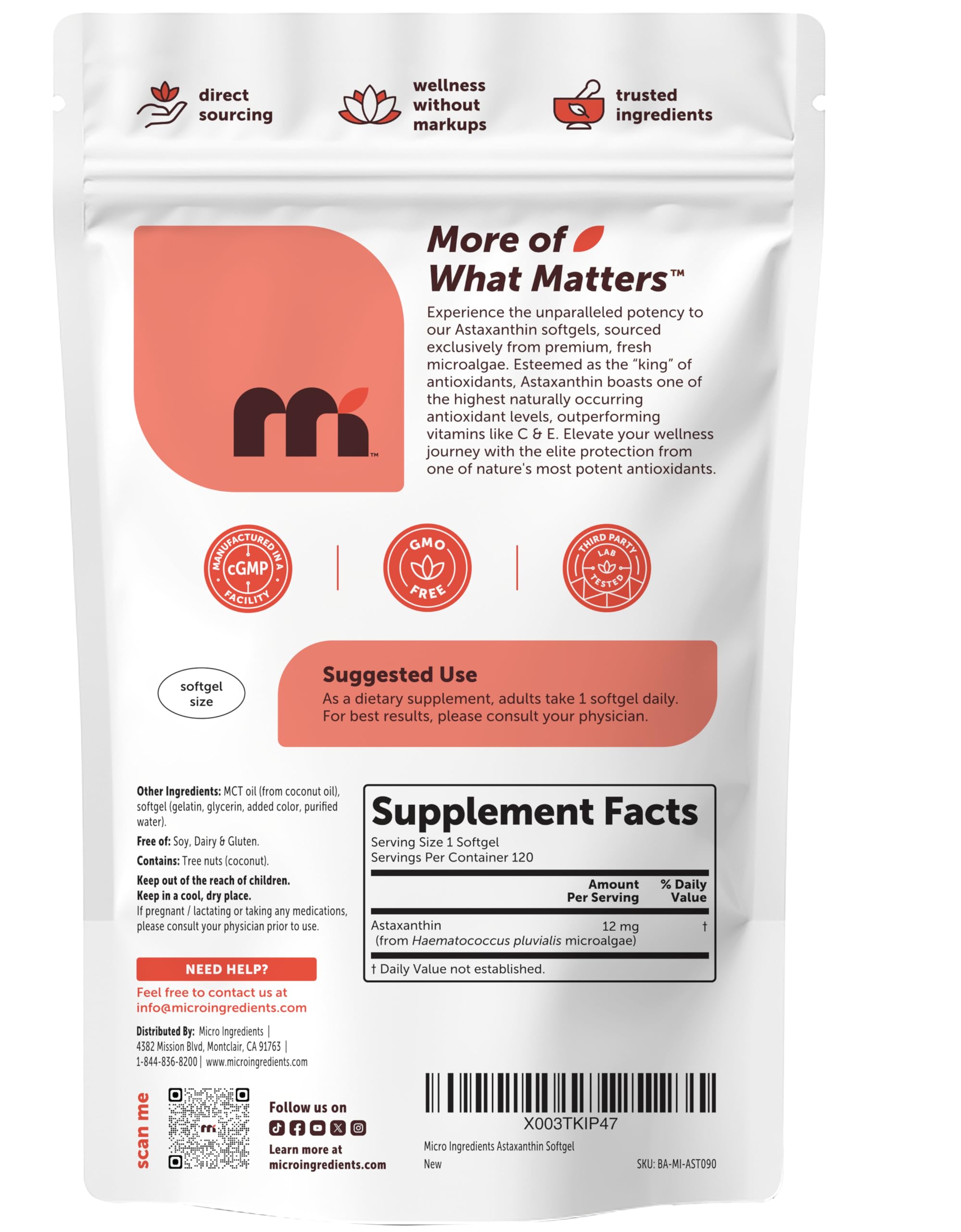 Micro Ingredients Astaxanthin 12mg with MCT Oil, 120 Softgels, 4 Month Supply | Premium Astaxanthin Antioxidant Supplements* | Fresh Microalgae Source