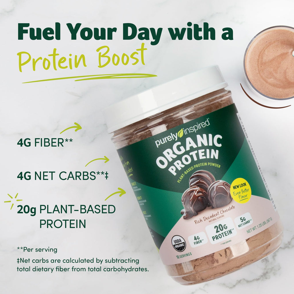Purely Inspired Plant-Based Protein Powder for Men & Women, Rich Decadent Chocolate (16 Servings) - Vegan & Organic - 20g of Pea Protein Powder for Smoothies & Shakes