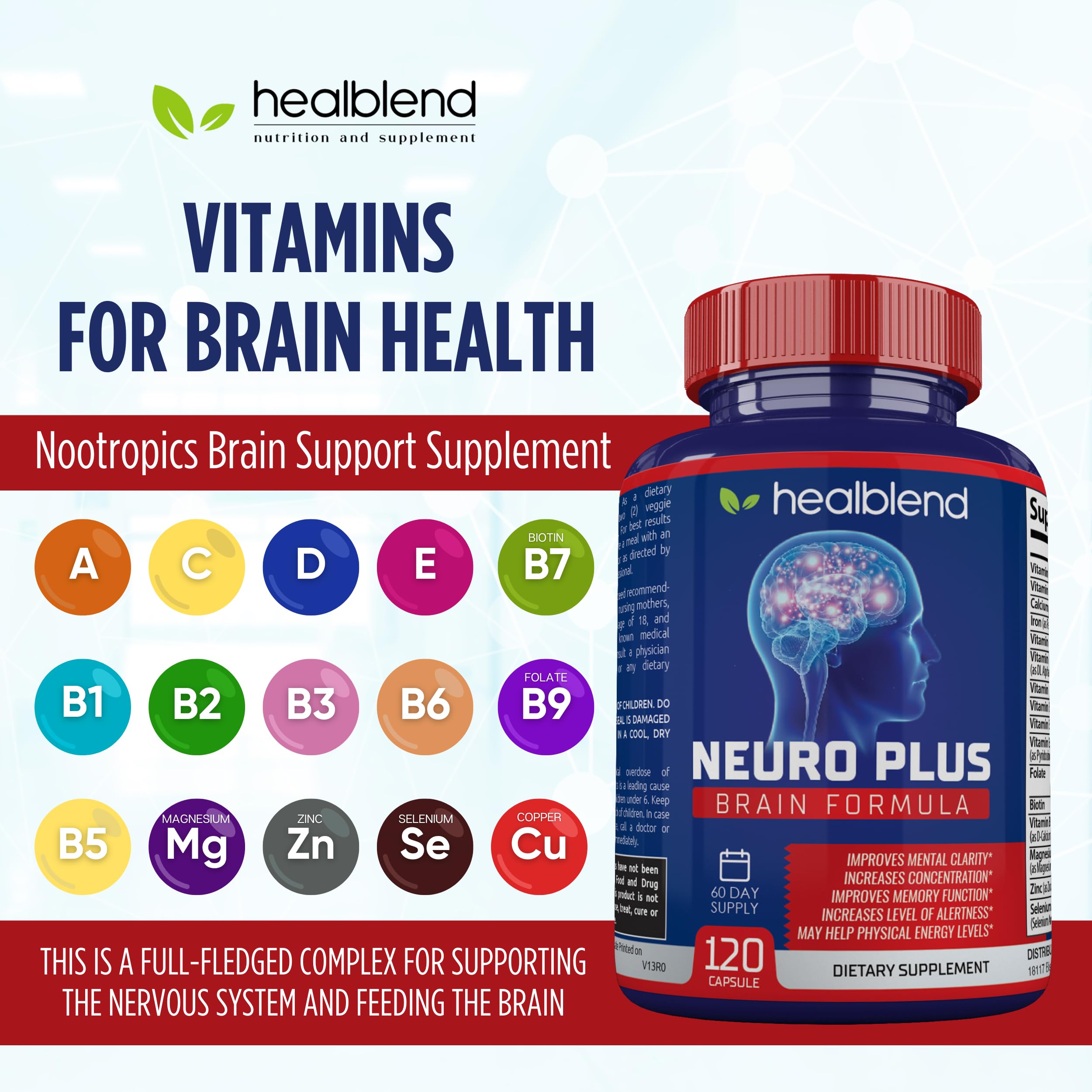 Neuro Plus Brain & Focus Formula - Nootropic Brain Booster Supplement, Supports Brain Health, Mental Clarity & Focus - Enhances Concentration & Mental Energy – 120 Capsules (1) healblend Au supplements