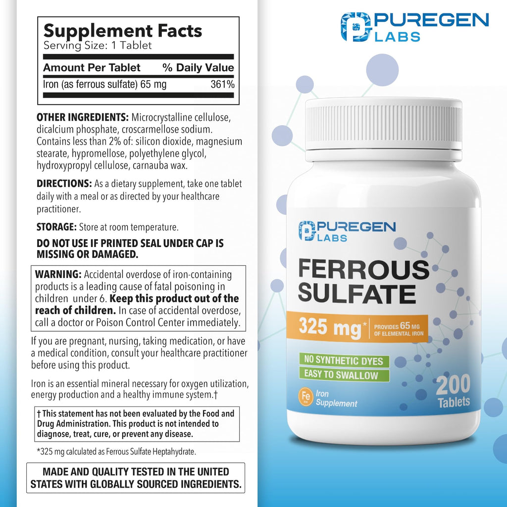 Puregen Labs Ferrous Sulfate 325 mg (65 mg Elemental Iron) High Potency Iron Supplement | No Artificial Color Additives - 200 Tablets
