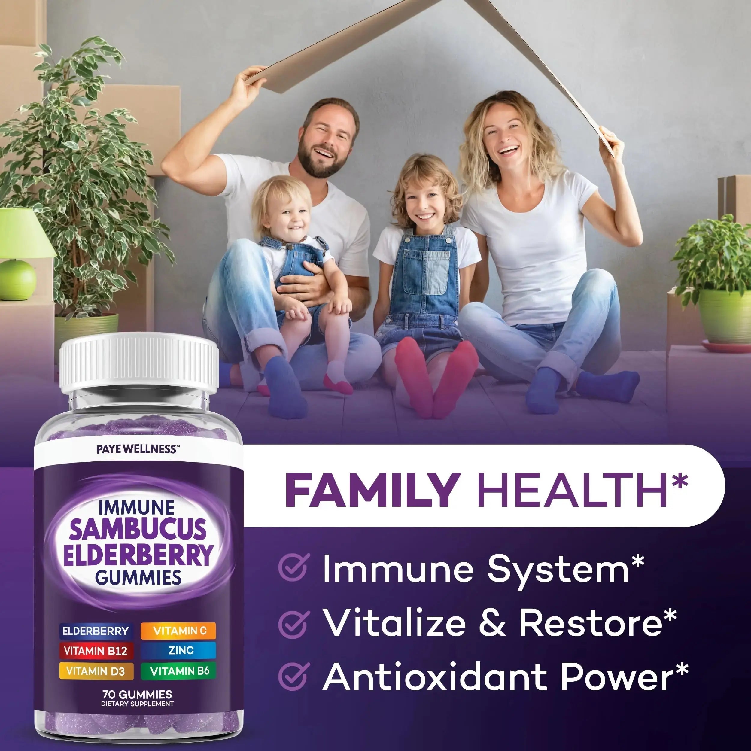 Elderberry Gummies Immune Support, Daily Support for Kids and Adults*, with Sambucus Elderberry, Zinc, Vitamin C, D3, B6, B12, Plus PAYÉ Au supplements