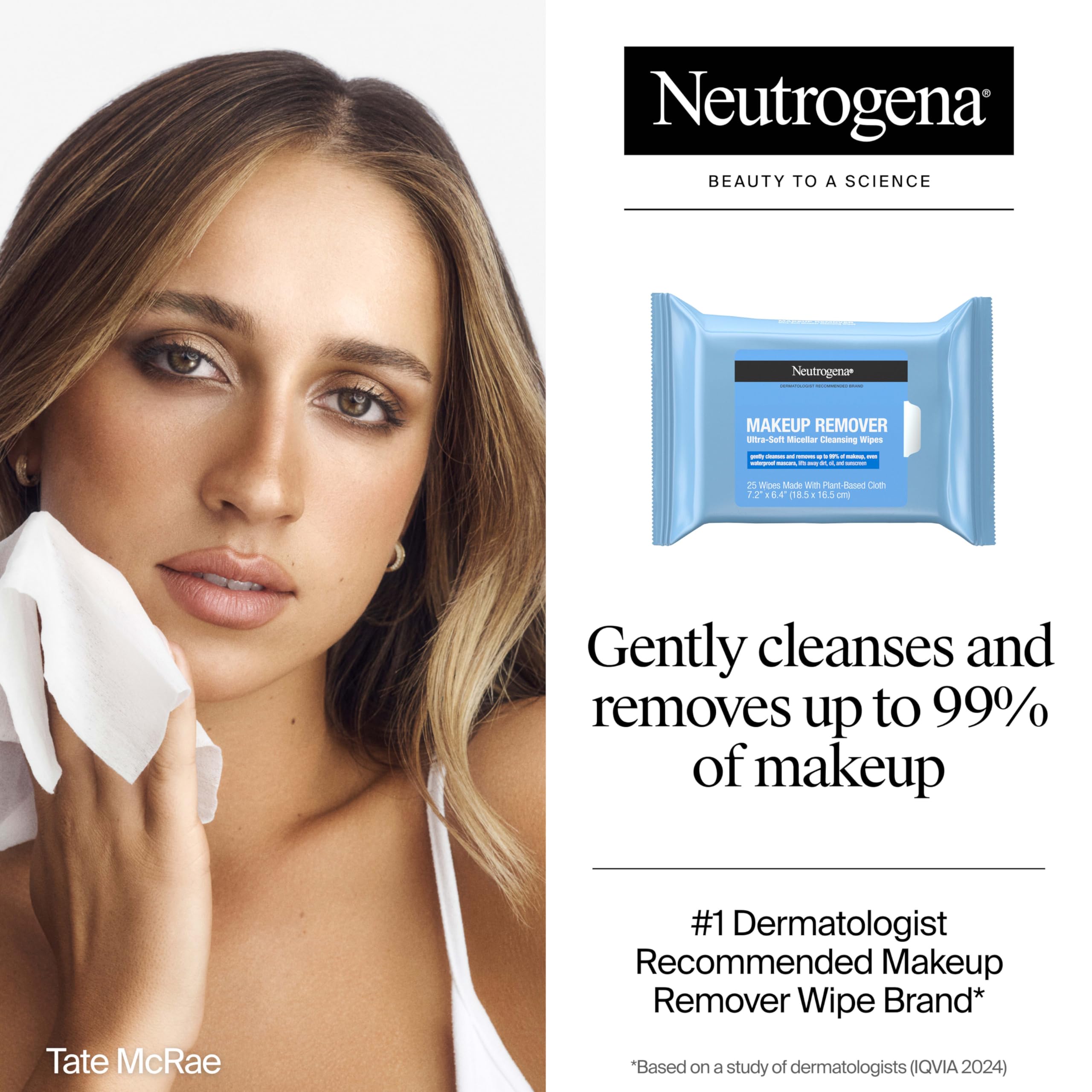 Neutrogena Makeup Remover Wipes Micellar Alcohol-Free Face Towelettes Remove Waterproof Mascara & Oil, Compostable 100% Plant-Based Cloth