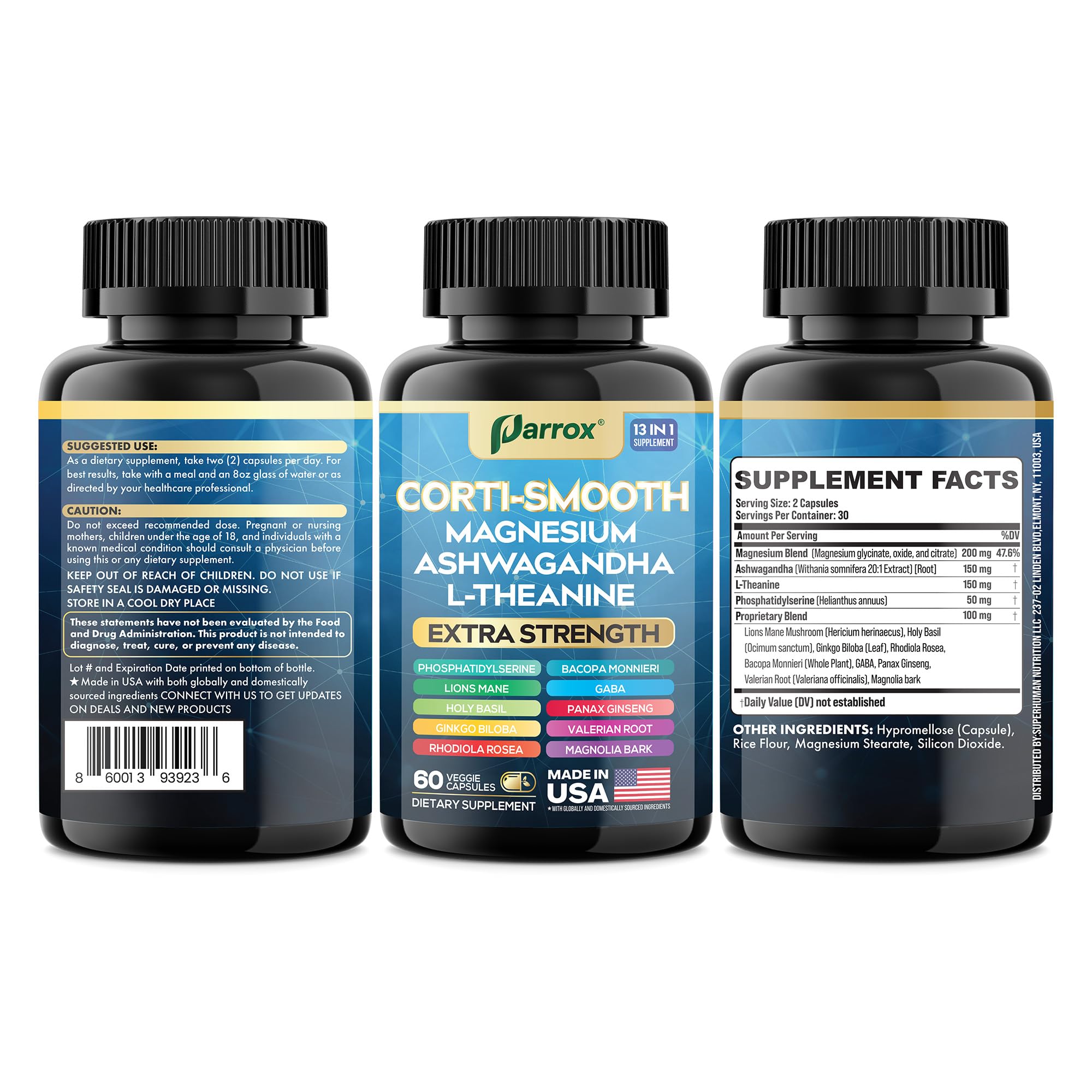 Parrox Corti-Smooth Cortisol Supplement Magnesium, L-Theanine, Ashwagandha, Phosphatidylserine, Valerian Root, Lions Mane, Bacopa Monnieri, Ginkgo Biloba, Panax Ginseng, Magnolia Bark, GABA (60 Caps) Parrox Au supplements