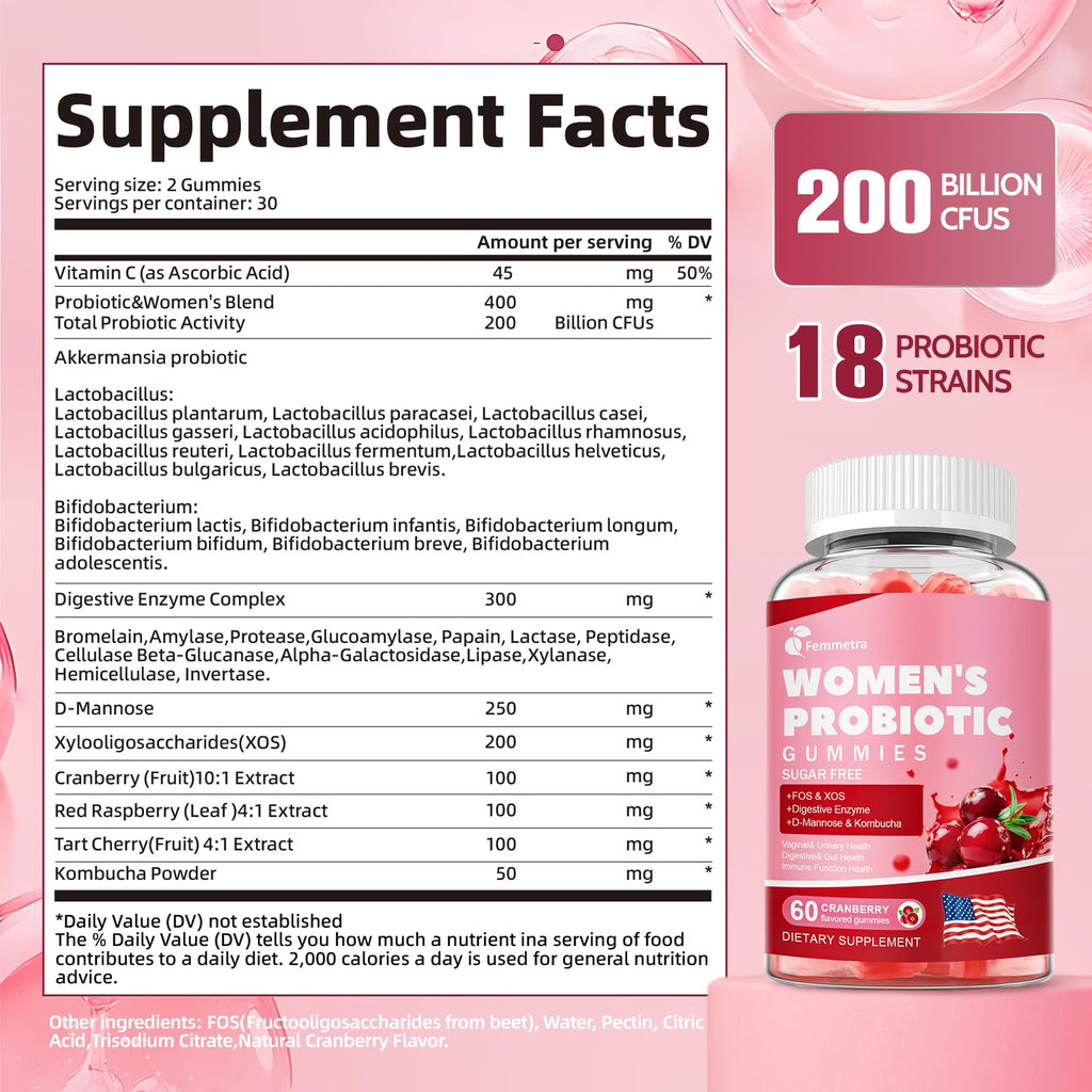 Femmetra 18-in-1 Probiotics for Women with Prebiotics - 200 Billion CFU with Digestive Enzyme, Cranberry, Kombucha - Sugar-Free Vaginal Gummies,