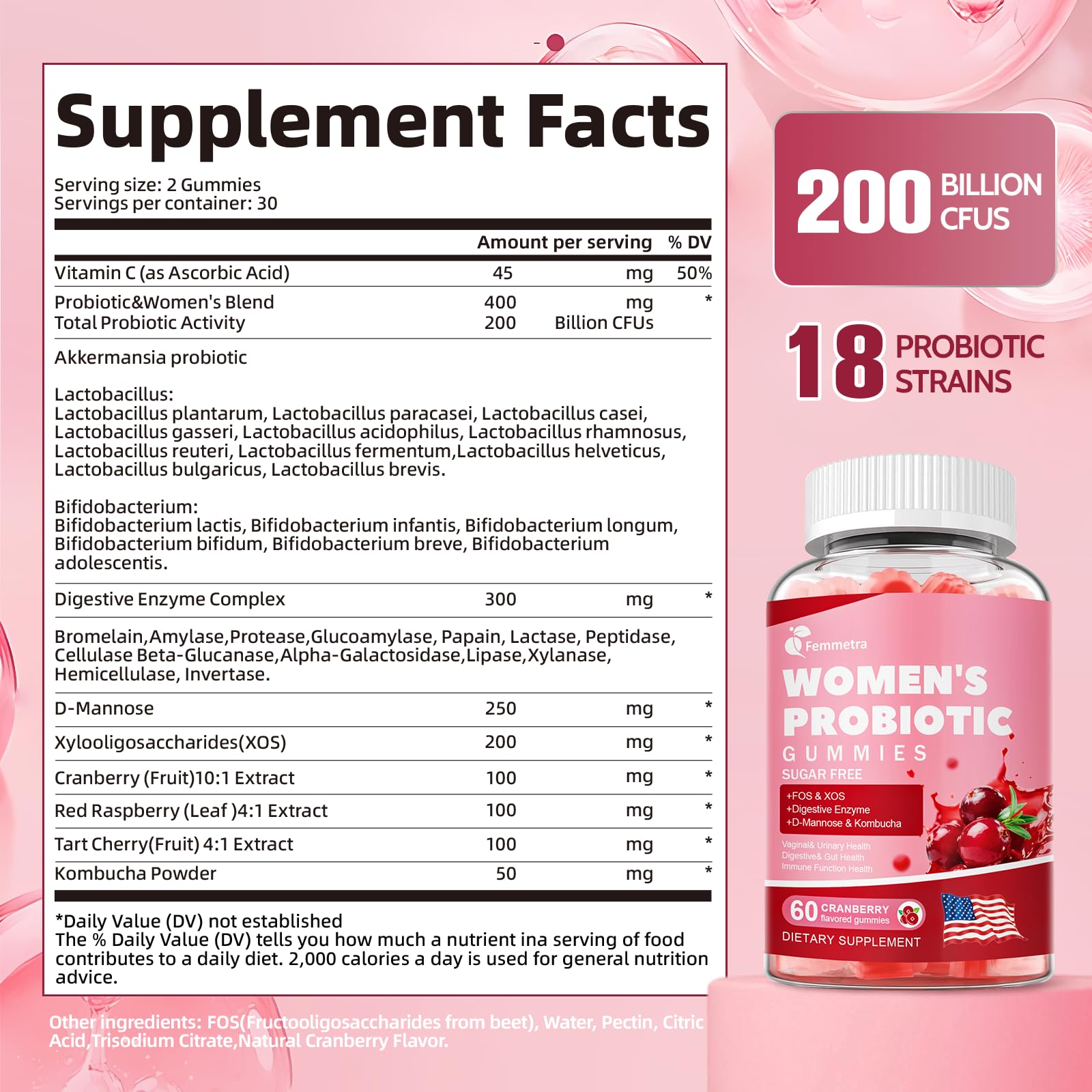 Femmetra 18-in-1 Probiotics for Women with Prebiotics - 200 Billion CFU with Digestive Enzyme, Cranberry, Kombucha - Sugar-Free Vaginal Gummies,