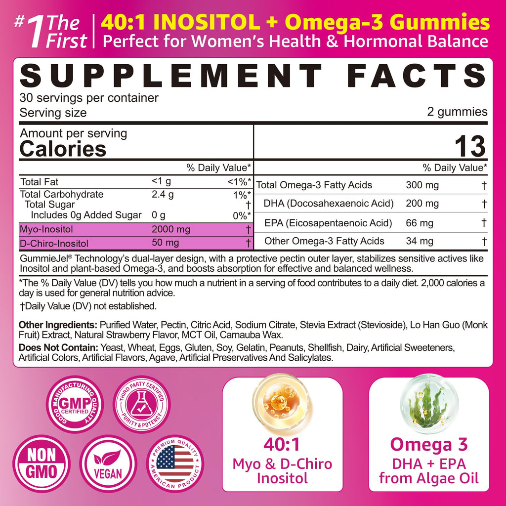 Myo-Inositol & D-Chiro Ideal 40:1, Inositol + Omega-3(3:1) Gummies, Hormone Balance for Women | Sugar Free Inositol Gummies w/Omega 3 DHA:EPA (3:1), Inositol Supplement for Cycle Health, Vegan, 60 Ct EnvyCure Au supplements