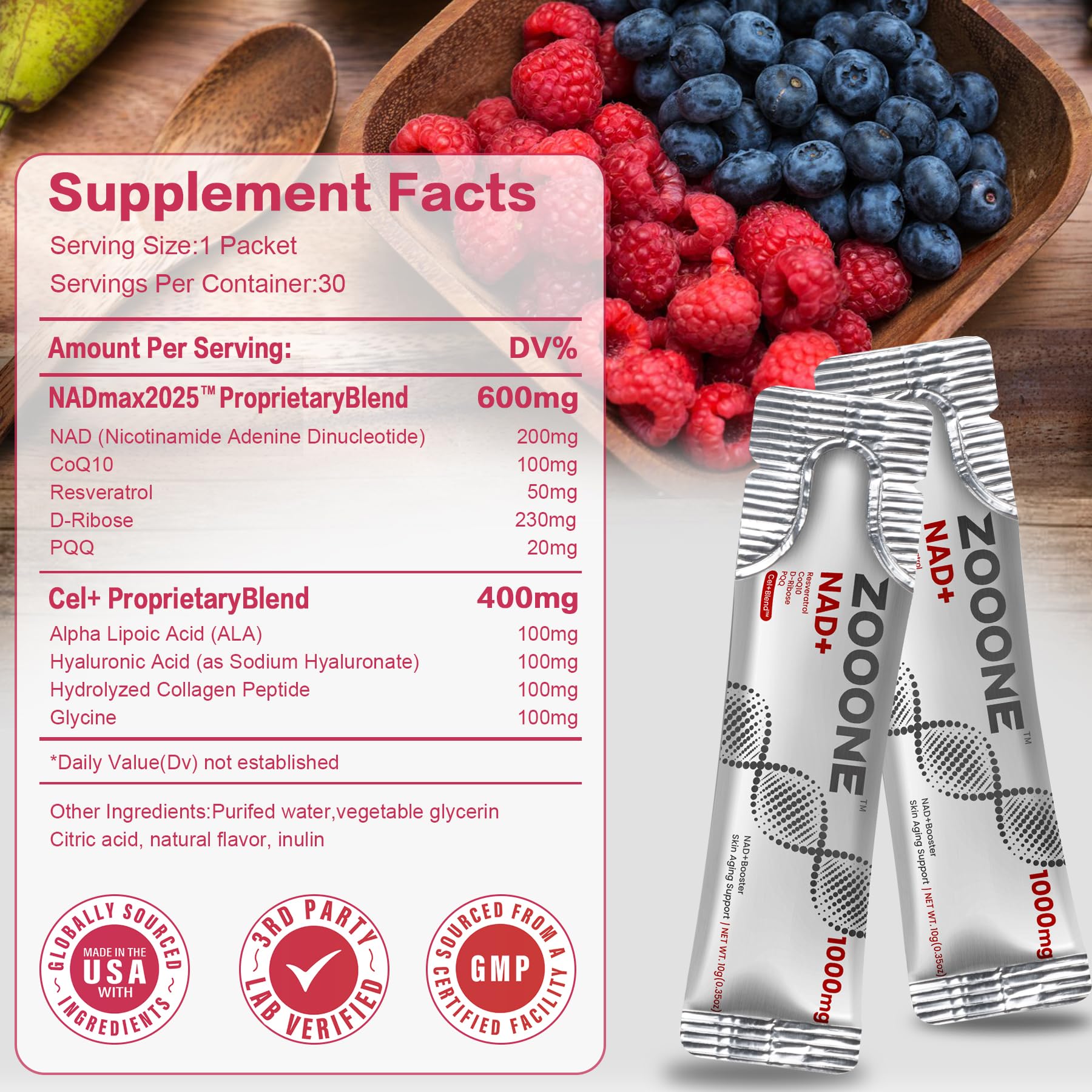zooone NAD+ Supplement with Resveratrol, Liquid Designed to Help Support Absorption, 1000mg NMNH Supplement Alternative for Anti-Aging, Boost Energy, Support Cellular, 30 Pockets zooone Au supplements