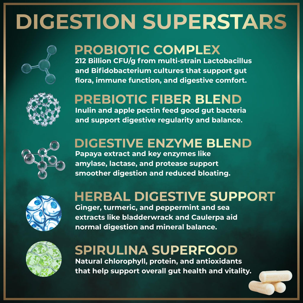 Digestive Enzymes for Women and Men with Probiotics and Prebiotics - Vegan Digestive Enzyme Blend - Bloating Support, Gut Health & Digestion Supplement with Artichoke Ginger Turmeric - 180 Capsules WILD FUEL Au supplements