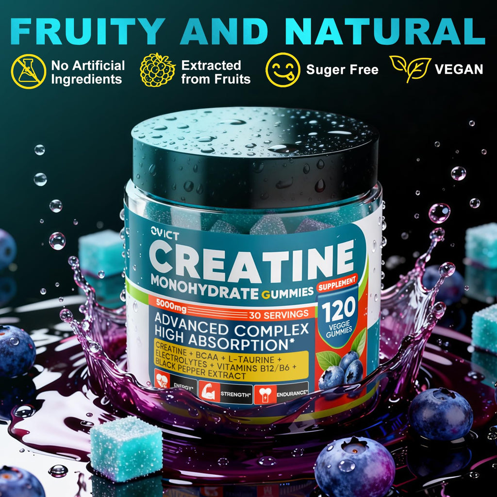 99.99% Creatine Monohydrate Gummies for Men Women 5g, 7-in-1 Pre-Workout Complex with BCAA, Taurine, B12/6 & Electrolytes, 6X Boost Energy, Muscle Strength & Recovery