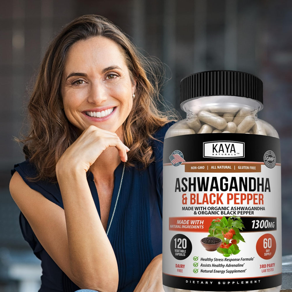 Kaya Naturals Ashwagandha 1300mg, 120 Count Capsules for Stress Relief, Adrenal, Mood & Thyroid Support, Black Pepper and 100% Pure Ashwagandha -120 Capsules Kaya Naturals Au supplements