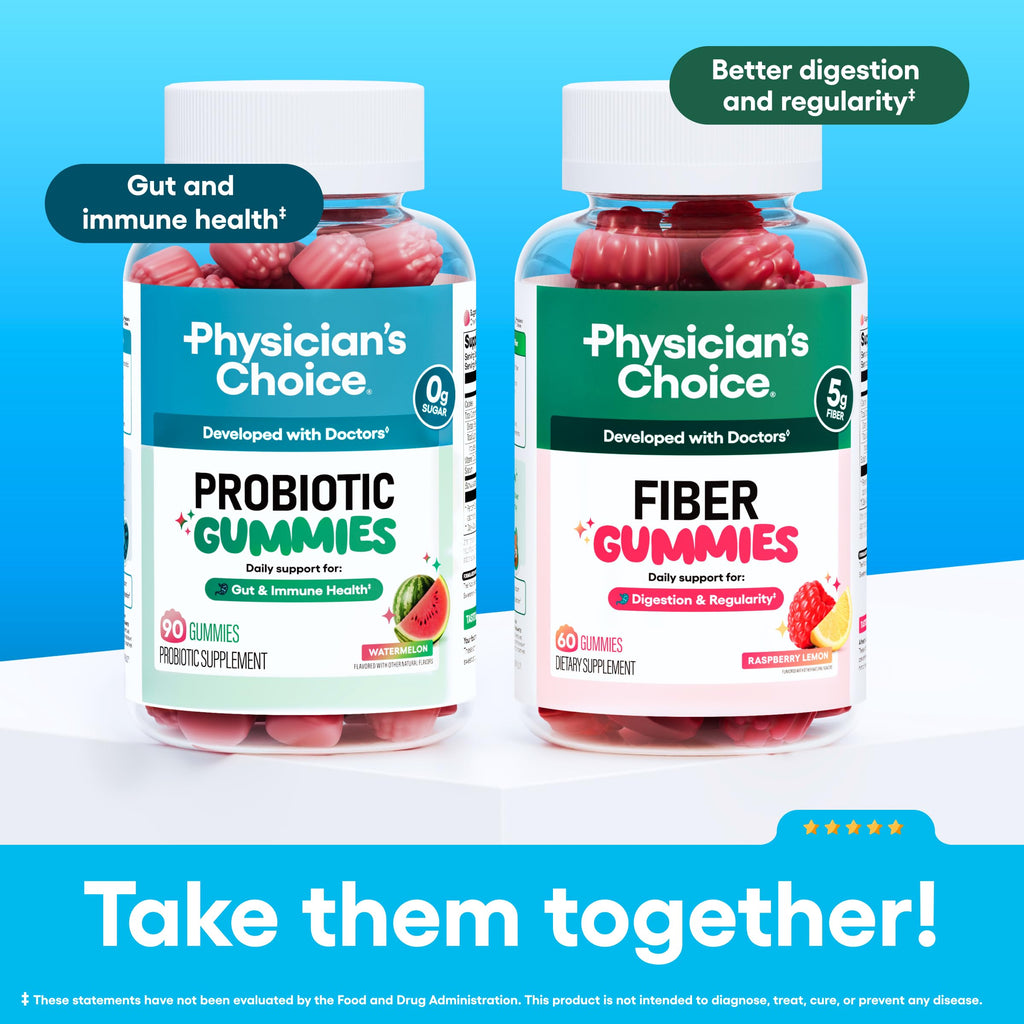 Physician's CHOICE Probiotic Gummies with Vitamin D & Prebiotic Fiber - Sugar Free - 1B CFUs of Clinically Studied Probiotic - Supports Immune & Gut Health