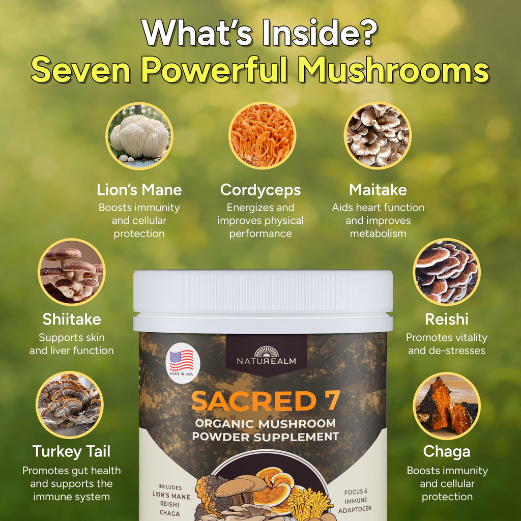 Naturealm Sacred 7 Organic Mushroom Powder Supplement | 7-Month Supply | 7-in-1 Blend with Lions Mane, Reishi, Chaga | Brain & Immune Support