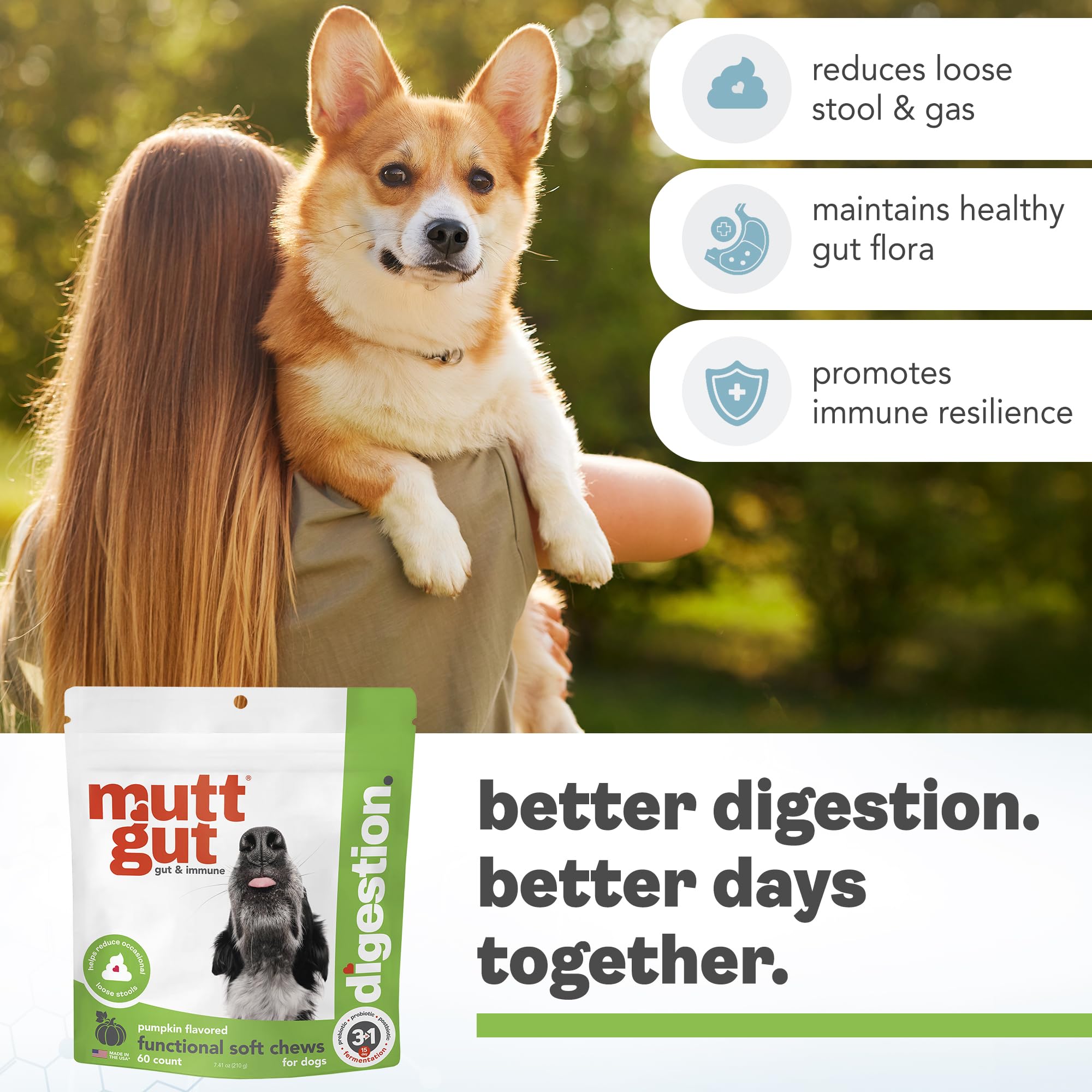 MuttGut® 3-in-1 Puppy & Dog Probiotics + Prebiotics + Postbiotics Chews - Promotes Digestive Health, Supports Immune System and Overall Health - Dog Diarrhea Relief & Immune Support - 60 Soft Chews MUTTGUT Au supplements