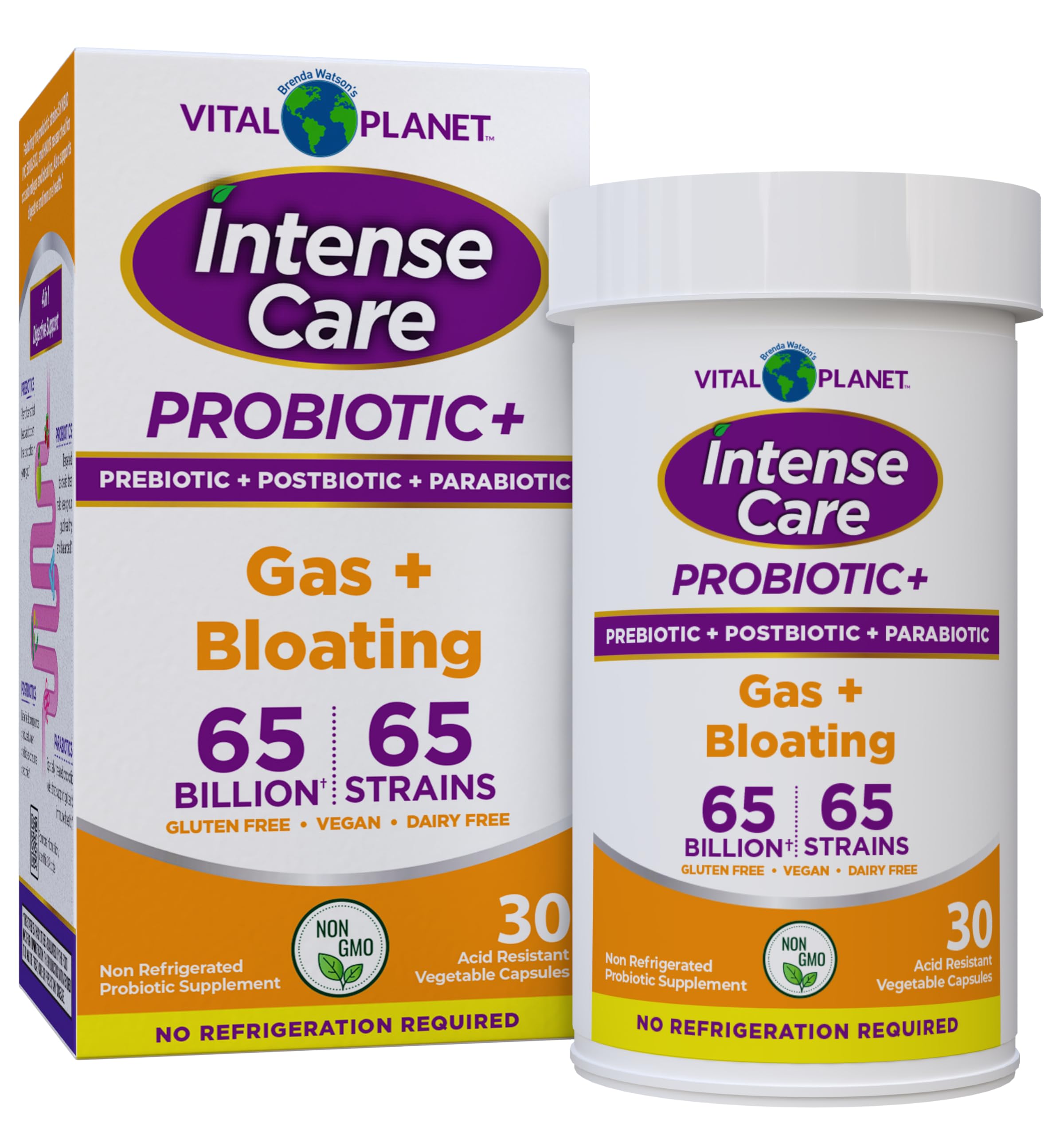 Vital Planet - Intense Care Gas & Bloating Probiotics Plus Organic Prebiotics, Postbiotics, Parabiotics, Complete 4-in-1 Supplement for Adults, 65 Billion CFU, 65 Strains, Digestive and Immune 30 ct Vital Planet Au supplements