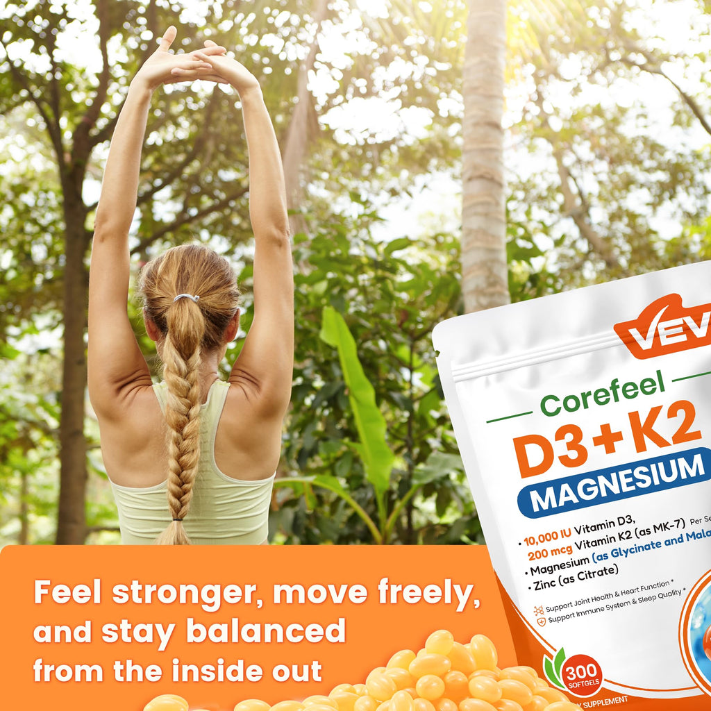 VEV Vitamin D3 K2 10,000 IU Magnesium Supplement – with Vitamin D and K (MK-7), Magnesium Glycinate & Malate, Zinc Citrate