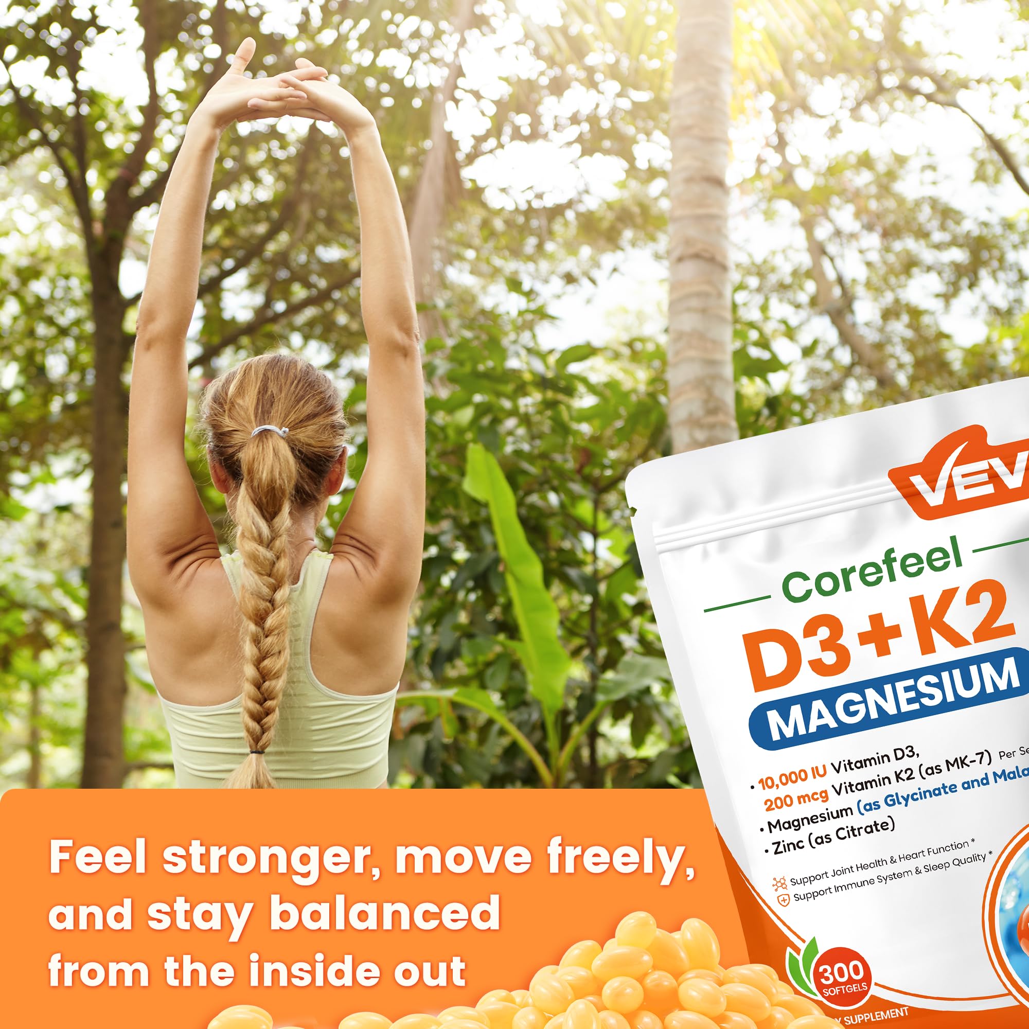 VEV Vitamin D3 K2 10,000 IU Magnesium Supplement – with Vitamin D and K (MK-7), Magnesium Glycinate & Malate, Zinc Citrate