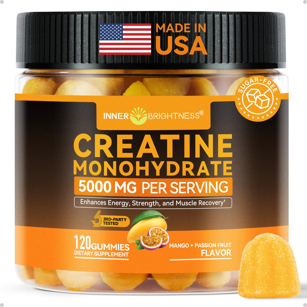 Inner Brightness Creatine Monohydrate Gummies for Men & Women 5000 mg, 3rd Party Tested, Creatine Chews for Muscle Growth, Strength & Energy Support, Sugar Free, Vegan, 120 Count, Mango Passionfruit Inner Brightness Au supplements