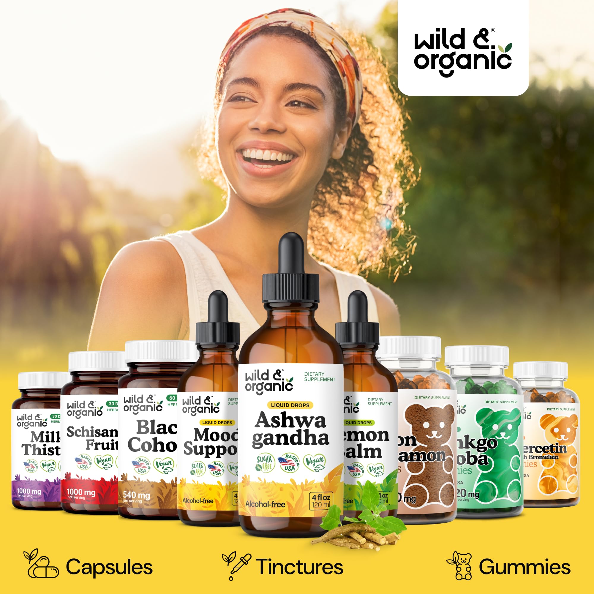 Wild & Organic Ashwagandha Drops - Mood Support & Positive Energy - 500 mg Ashwagandha for Women & Men - Add to Tea Liquid Extract for Relaxation - Non-GMO, Sugar & Alcohol-Free Tincture - 4 fl oz Wild & Organic Au supplements