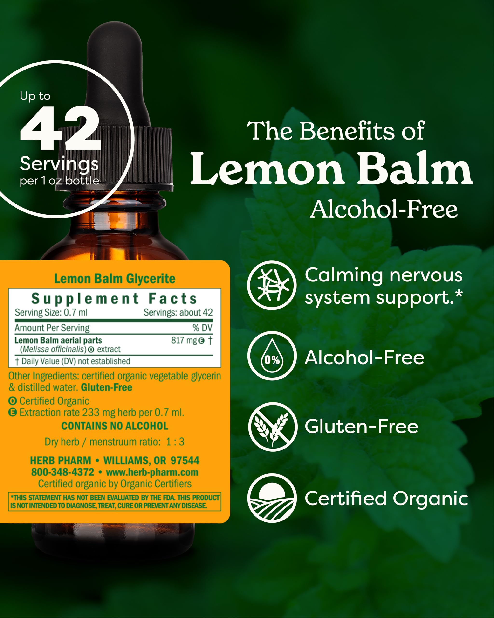 Herb Pharm, Lemon Balm Alcohol Free, 1 Fl Oz