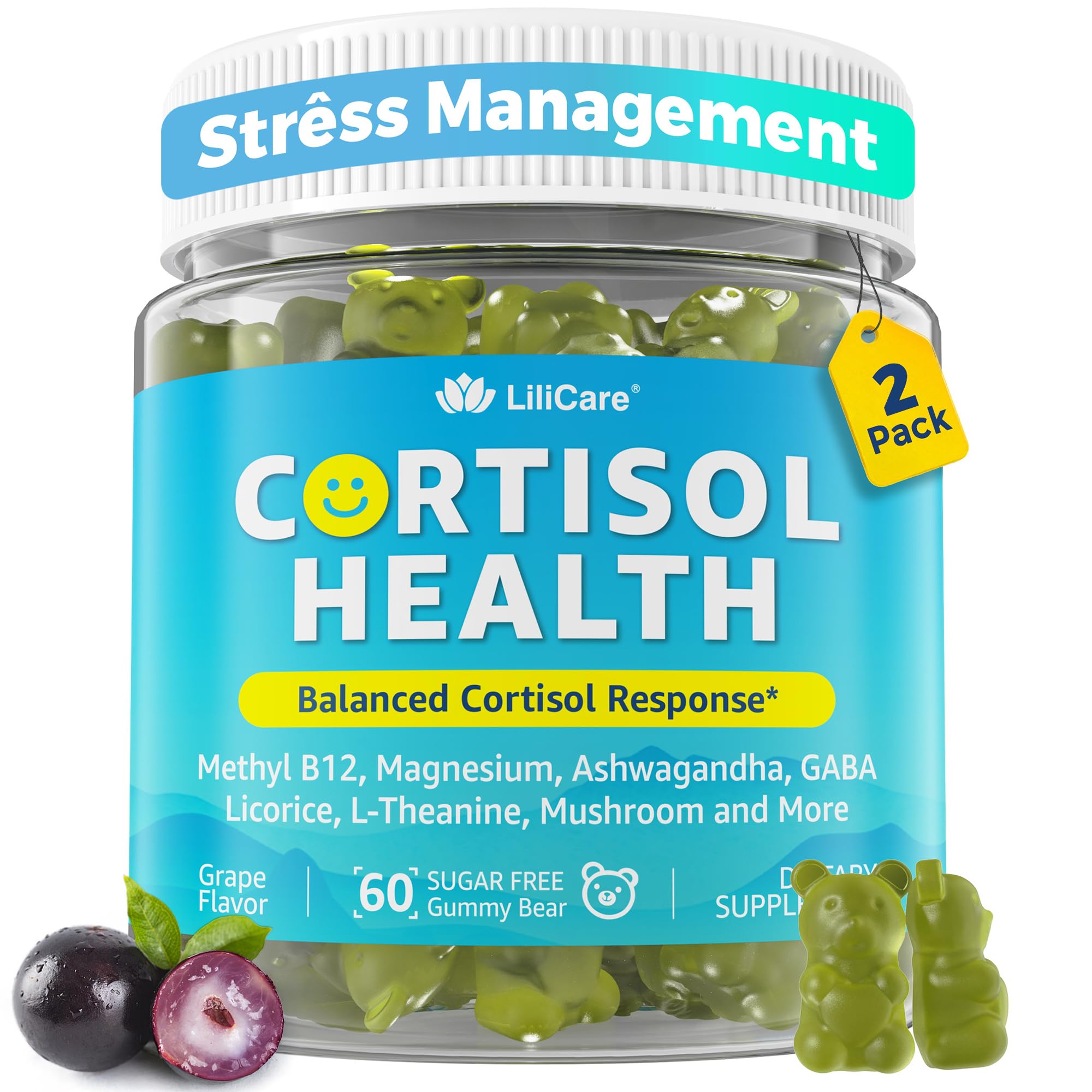 Cortisol Gummies for Women & Men, Sugar Free Cortisol Reducer Supplements w/ Magnesium, Ashwagandha, Mushroom, L-theanine, Rhodiola, Vitamin B6 B12 for Cortisol Detox, Relax, Sleep Support 2 Pack LILICARE Au supplements