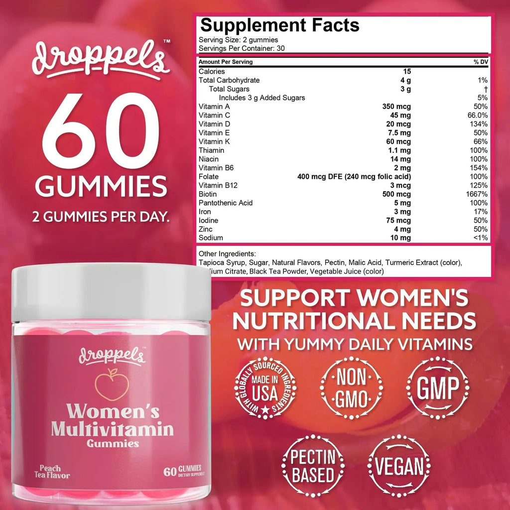 Droppels Women's Multivitamin Gummies with Folic Acid, Vitamins A, D, C, E, K, B6, B12, Biotin & More | Vegan, Non-GMO & Pectin-Based Daily Vitamins for Women | Droppels Au supplements