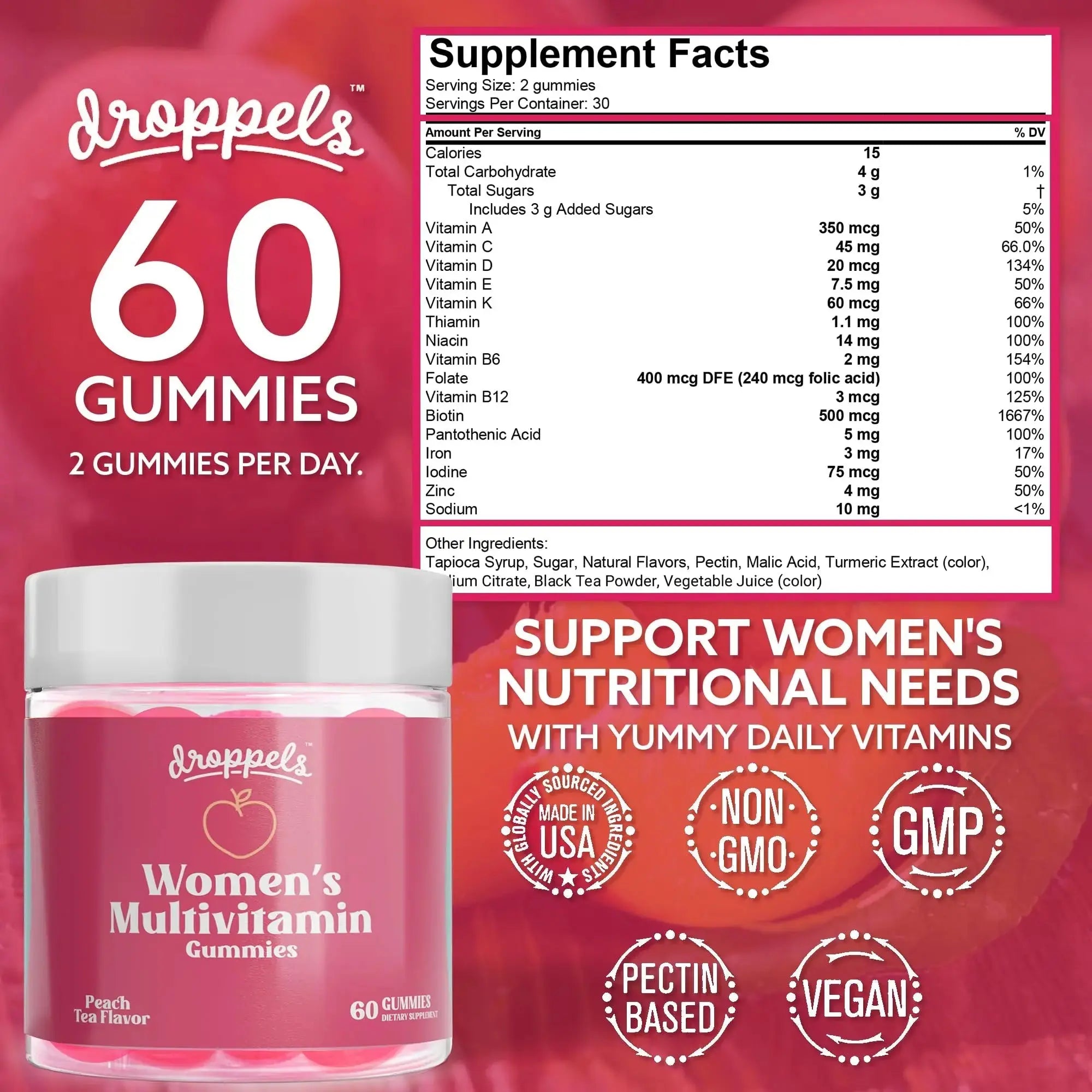 Droppels Women's Multivitamin Gummies with Folic Acid, Vitamins A, D, C, E, K, B6, B12, Biotin & More | Vegan, Non-GMO & Pectin-Based Daily Vitamins for Women | Droppels Au supplements