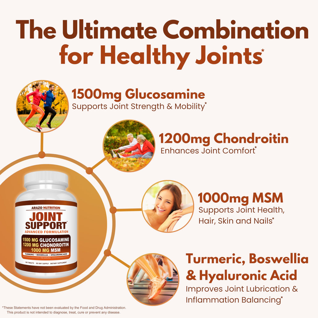 Arazo Nutrition Glucosamine Chondroitin Turmeric Msm Boswellia - Joint Support Supplement for Relief 180 Tablets for Bones, Back,