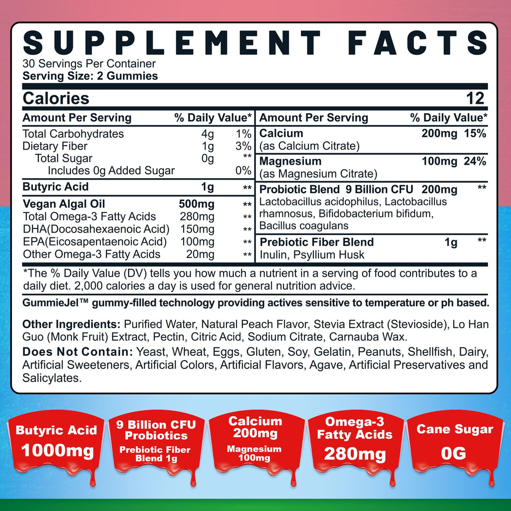 Butyrate Gummies with Probiotic + Prebiotic + Postbiotic, Omega-3 500mg,Fiber with 9 Billion CFU Probiotics, Calcium & Magnesium, Inulin,Psyllium Husk for Digestive Health,Bloating Support,Sugar Free Nextdia Au supplements