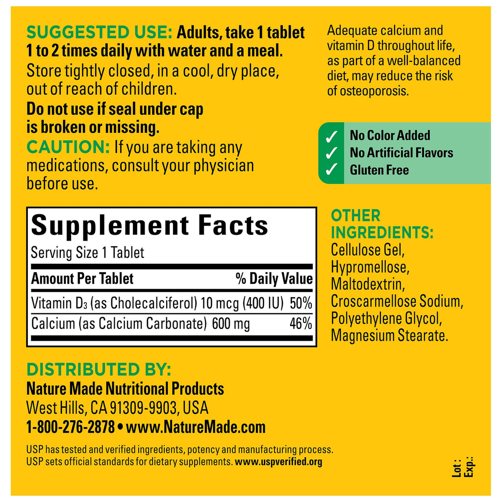 Nature Made Calcium 600 mg with Vitamin D3, Dietary Supplement for Bone Support, 220 Tablets