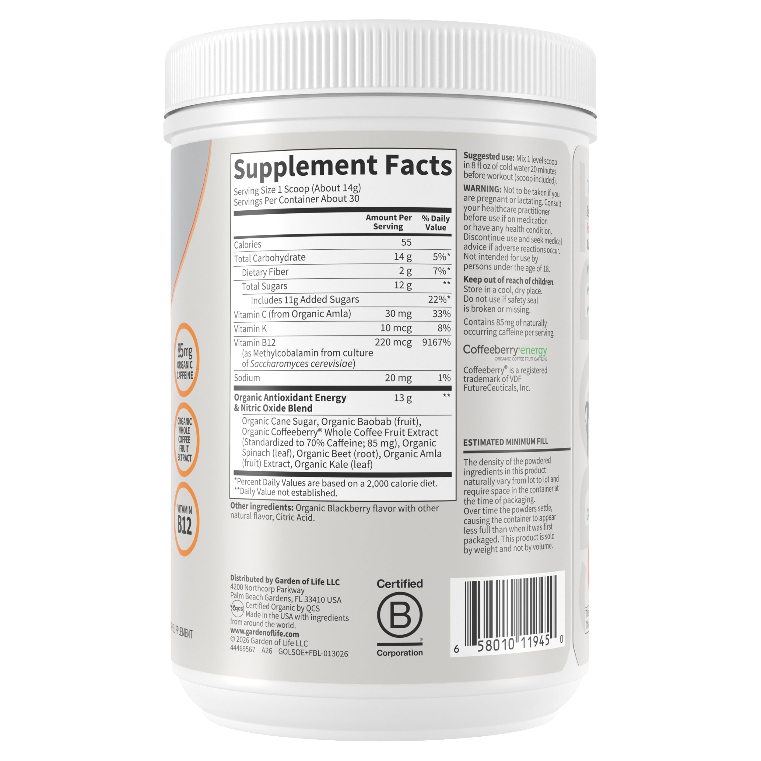 Garden of Life Sport Organic Plant Based Energy + Focus Clean Pre Workout Powder, with 85mg Caffeine, Natural No Booster, B12, Vegan, Gluten Free, Non-GMO, BlackBerry, 15.3 Oz Garden of Life Au supplements
