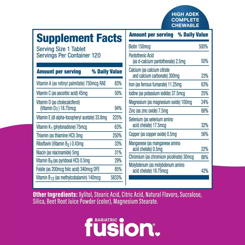Bariatric Fusion Chewable Multivitamin with High ADEK Vitamins | Multi for Duodenal Switch Patients | Mixed Berry Flavored Tablets | Bariatric Fusion Au supplements