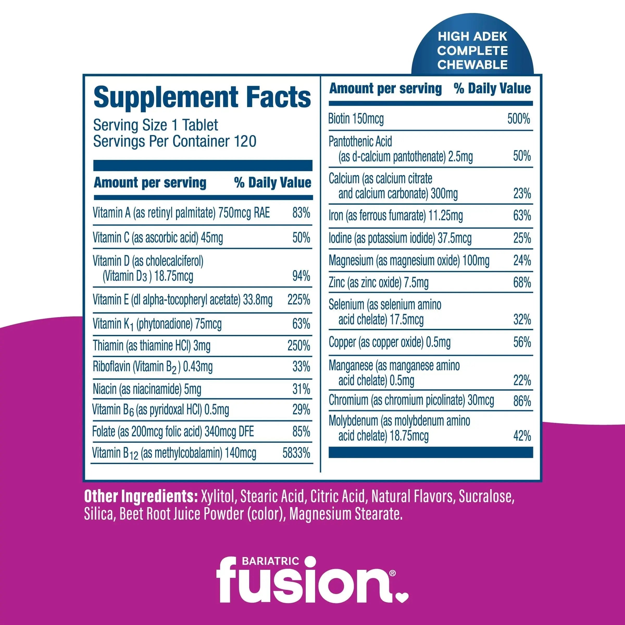 Bariatric Fusion Chewable Multivitamin with High ADEK Vitamins | Multi for Duodenal Switch Patients | Mixed Berry Flavored Tablets | Bariatric Fusion Au supplements