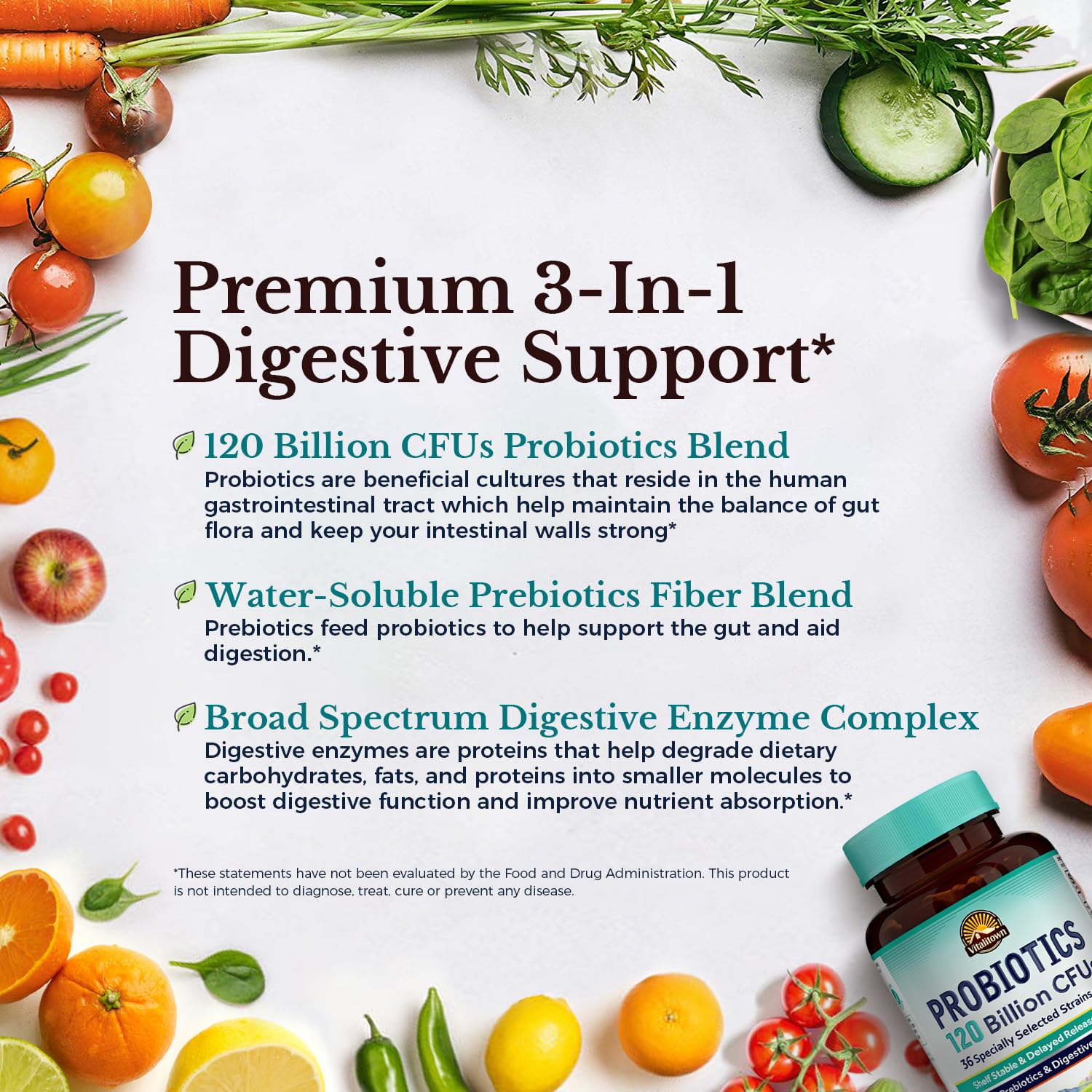 VITALITOWN Probiotics 120 Billion CFUs | 36 Strains, with Prebiotics & Digestive Enzymes for Men Women | Shelf Stable | Digestive Health & Immune Support