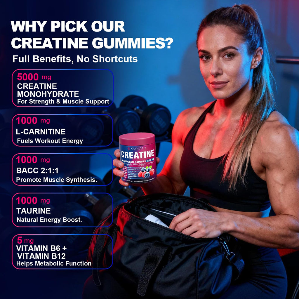 KUKALY Creatine Monohydrate Gummies for Men & Women, 8500MG Creatine Gummies Sugar Free Mixed Flavored with L-Taurine, BCAA 2:1, B12 B6 for Boost Strength