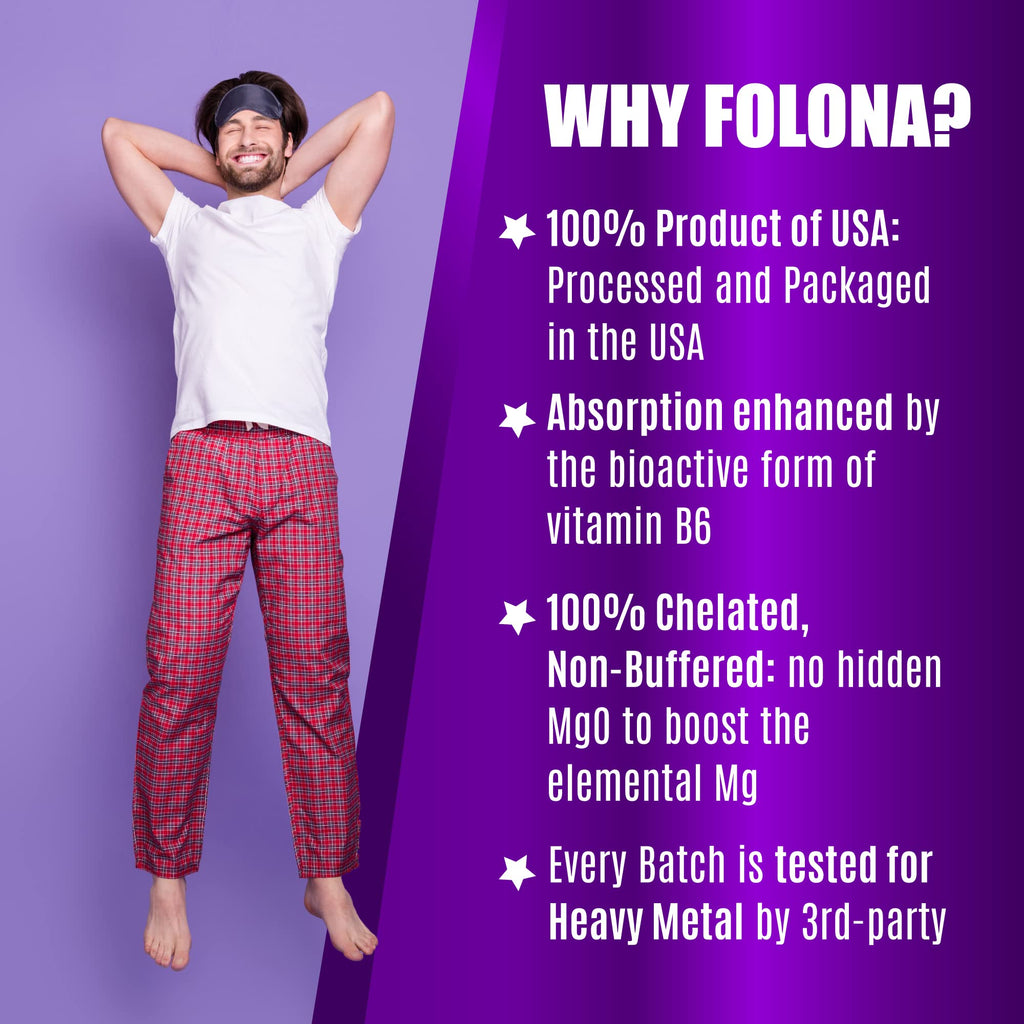 Folona Magnesium Glycinate with Vitamin B6 Research Proven to Enhance Absorption, 1350mg Fully Chelated - Supports Sleep, Stress Relief, Energy, Muscle Cramps - Gluten Free, NonGMO, 180 Vegan Capsules FOLONA Au supplements