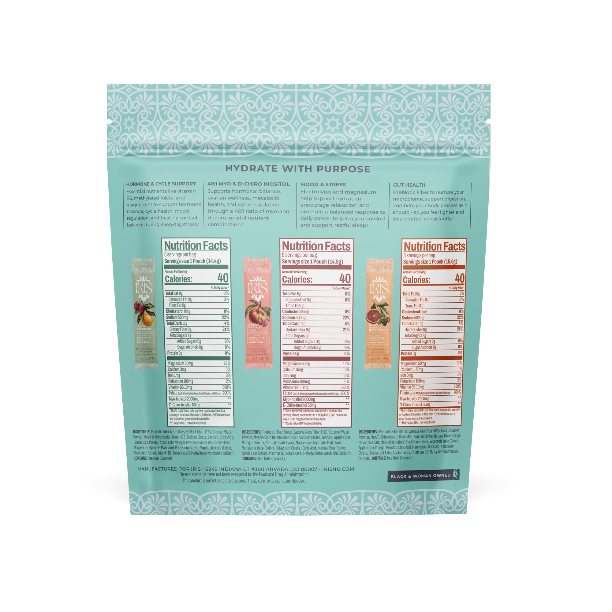 Iris Women’s Hormonal Health Daily Electrolyte Drink Mix | High Fiber, Essential B Vitamins for Mood Support | 40:1 Myo & D‑Chiro Inositol | Variety Pack,