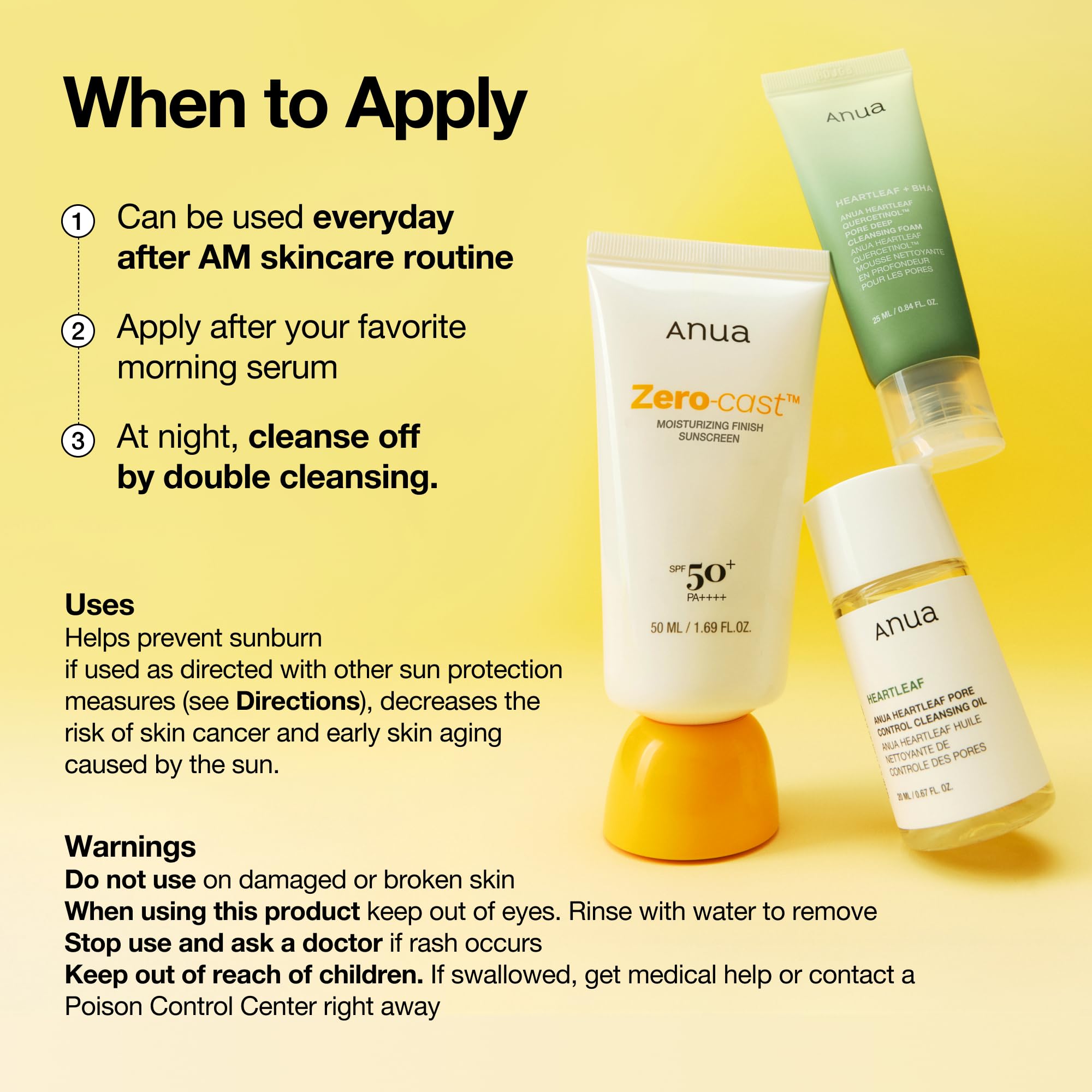 Anua, Zero-Cast Moisturizing Sunscreen SPF 50, Glow Natural Sunscreen for face, No White