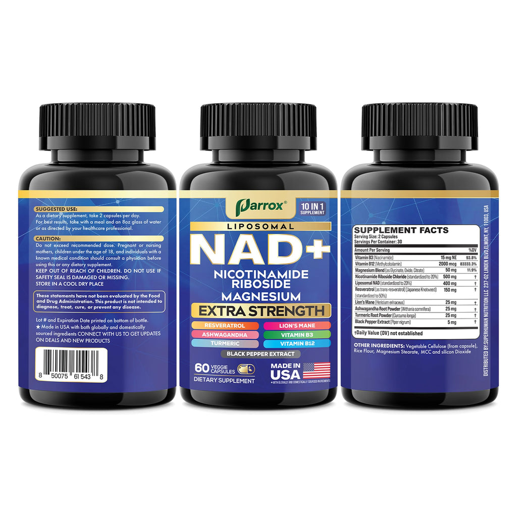 Parrox NAD+ Supplement with Liposomal NAD+, Nicotinamide Riboside, Magnesium, Vitamin B3 & B12, Resveratrol, Turmeric, Ashwagandha, Lion’s Mane,10-in-1 Extra Strength Parrox Au supplements