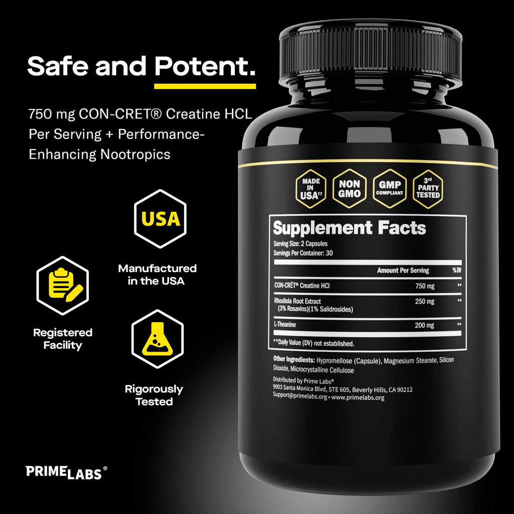 Prime Labs Creatine HCl Capsules - with CON-CRĒT®, Rhodiola Root Extract, & L-Theanine - Muscle Support, Endurance, Cognitive Function - for Men & Women - 60 Pills Prime Labs Au supplements